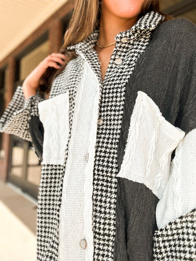 Houndstooth Mixed Textile Shacket-140 - TOPS - LAYERS/OUTERWEAR-POL-[option4]-[option5]-[option6]-Leather & Lace Boutique Shop