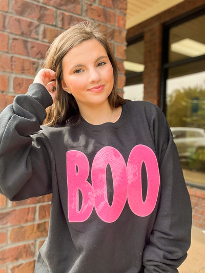Boo Babe Sequin Sweatshirt - Pink on Black-135 - DEMAND GRAPHIC-LEATHER & LACE-[option4]-[option5]-[option6]-Leather & Lace Boutique Shop