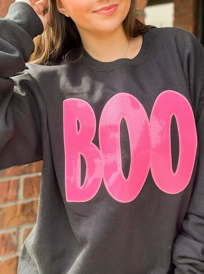 Boo Babe Sequin Sweatshirt - Pink on Black-135 - DEMAND GRAPHIC-LEATHER & LACE-[option4]-[option5]-[option6]-Leather & Lace Boutique Shop