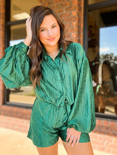 Emerald Pleated Long Sleeve Romper-170 - DRESSES / ROMPERS / SETS-CES FEMME-[option4]-[option5]-[option6]-Leather & Lace Boutique Shop