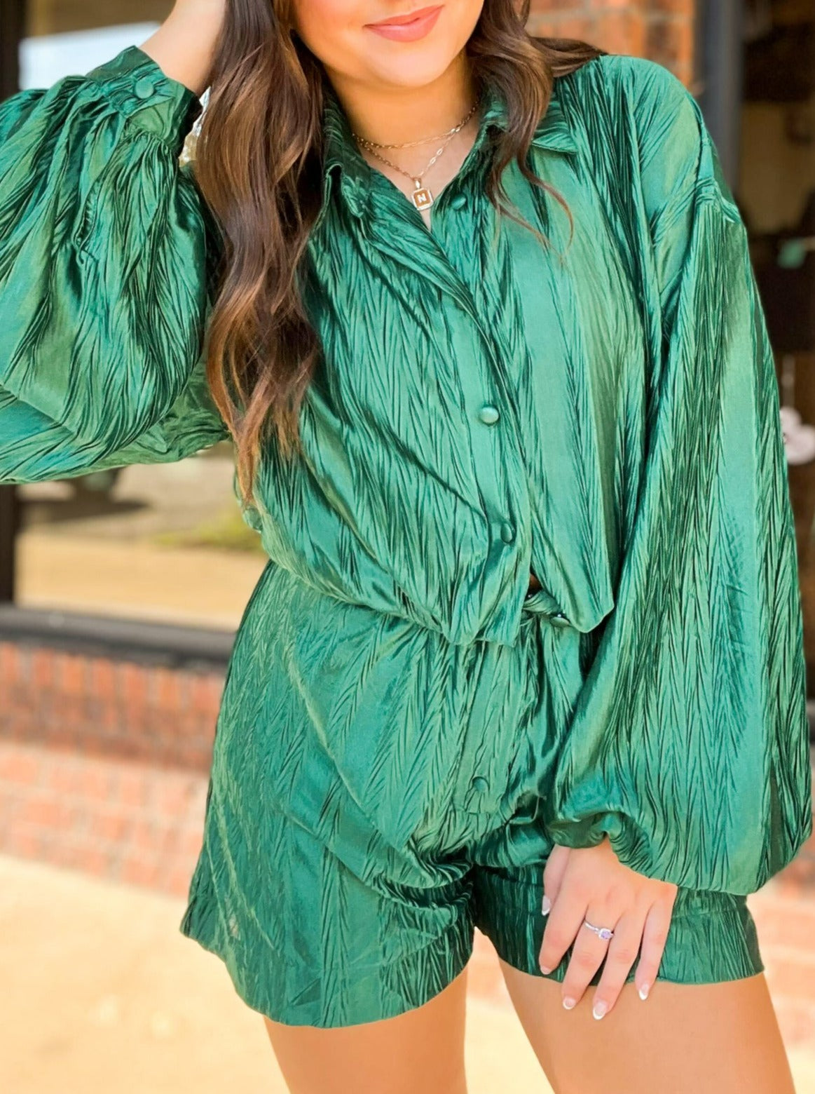 Emerald Pleated Long Sleeve Romper-170 - DRESSES / ROMPERS / SETS-CES FEMME-[option4]-[option5]-[option6]-Leather & Lace Boutique Shop