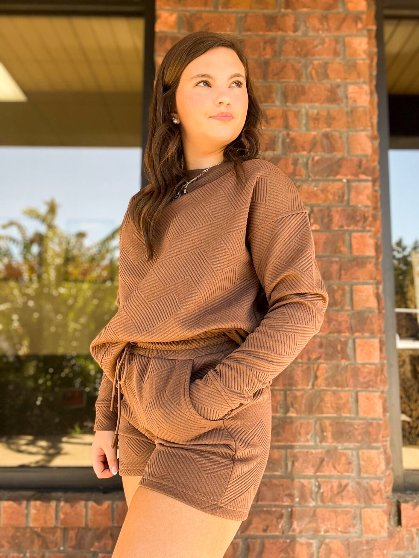 Textured Long Sleeve Set- Brown-170 - DRESSES / ROMPERS / SETS-FULL TIME PURCHASE-[option4]-[option5]-[option6]-Leather & Lace Boutique Shop