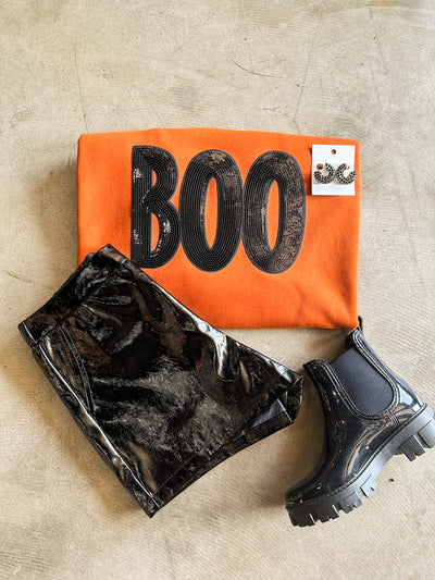 Boo Babe Sequin Sweatshirt - Black on Orange-135 - DEMAND GRAPHIC-LEATHER & LACE-[option4]-[option5]-[option6]-Leather & Lace Boutique Shop