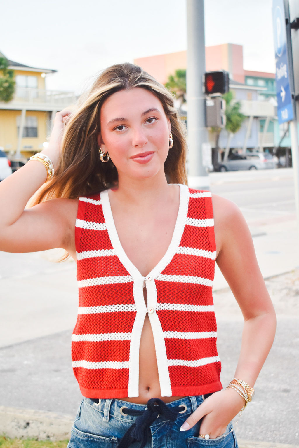 Striped V-Neck Button Up Top- Red-100 - TOPS - SHORT SLEEVE/SLEEVELESS-BLU PEPPER-[option4]-[option5]-[option6]-Leather & Lace Boutique Shop