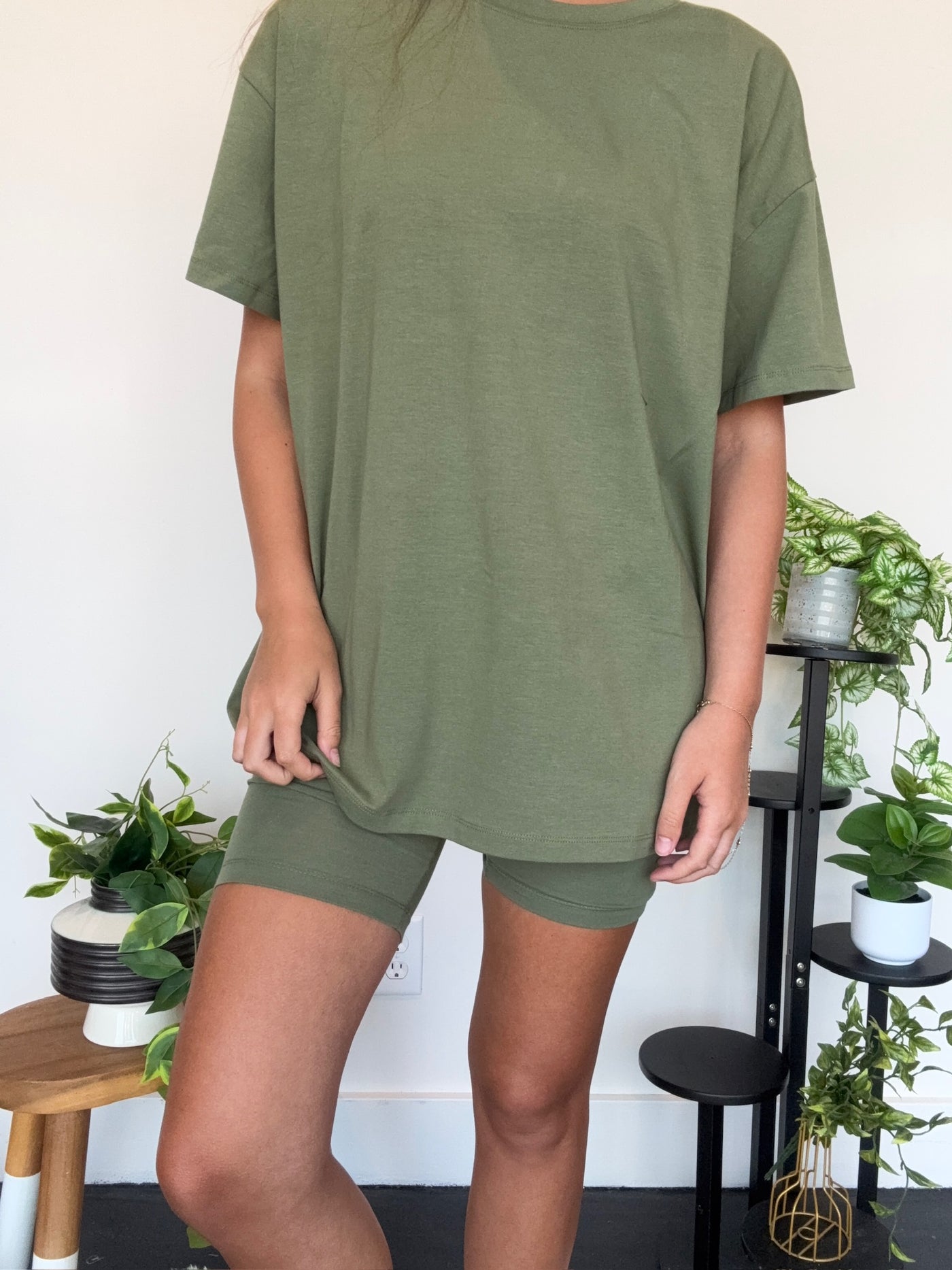 LLB Exclusive: Laidback Luxe Tee & Bike Short Set - Olive Green-170 - SETS-LEATHER & LACE-[option4]-[option5]-[option6]-Leather & Lace Boutique Shop