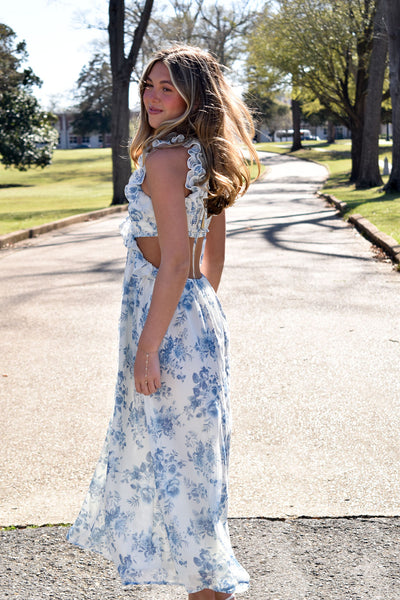 Classic Cut Out Blue Floral Maxi Dress-170 - DRESSES-BLU PEPPER-[option4]-[option5]-[option6]-Leather & Lace Boutique Shop
