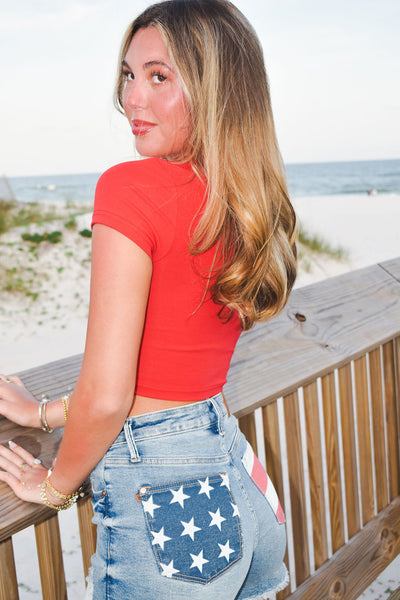 Judy Blue Frayed Hem Flag Shorts