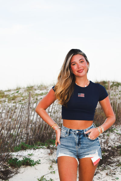 American Flag Patch Cropped Tee-100 - TOPS - SHORT SLEEVE/SLEEVELESS-LOVE POEM-[option4]-[option5]-[option6]-Leather & Lace Boutique Shop