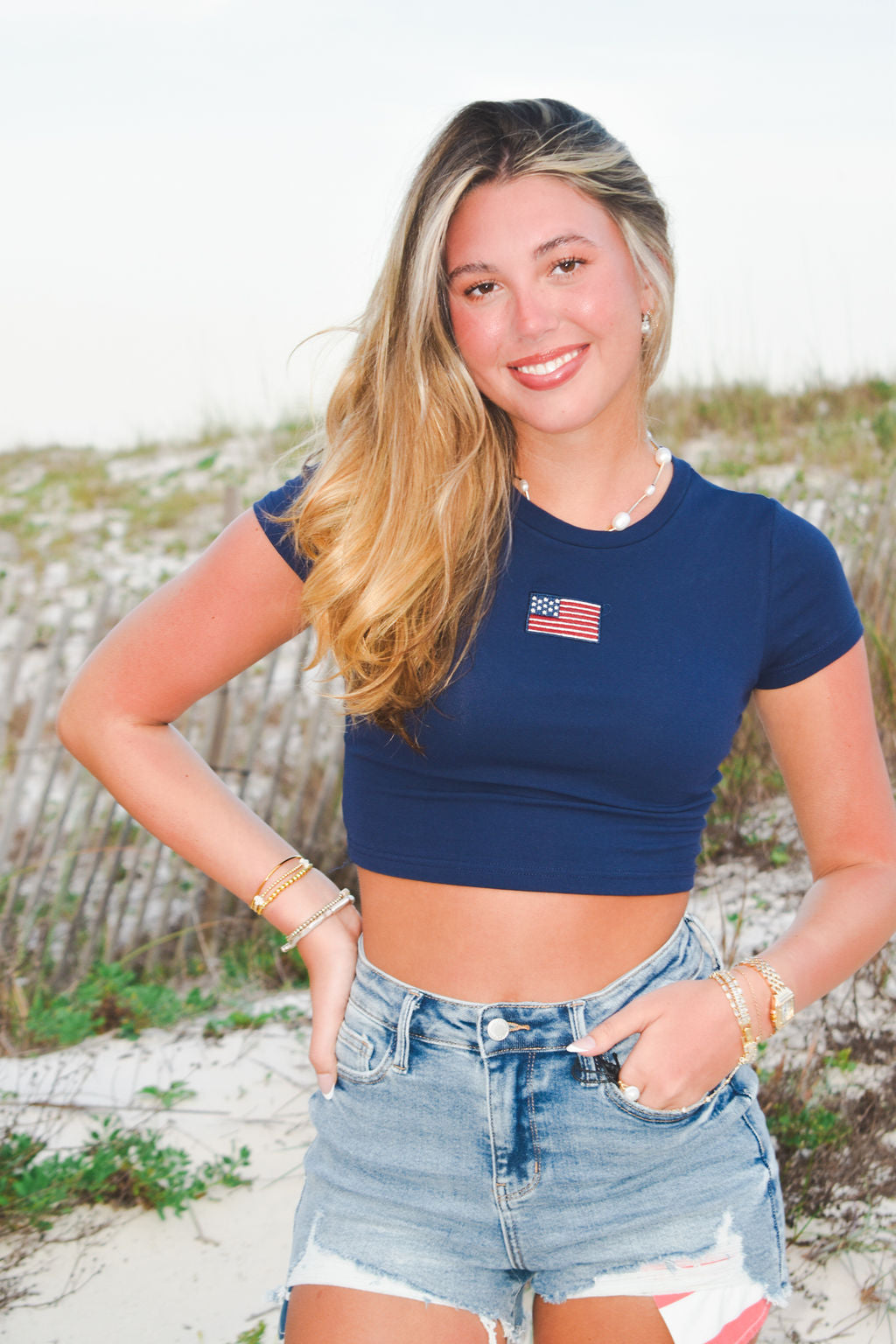 American Flag Patch Cropped Tee-100 - TOPS - SHORT SLEEVE/SLEEVELESS-LOVE POEM-[option4]-[option5]-[option6]-Leather & Lace Boutique Shop