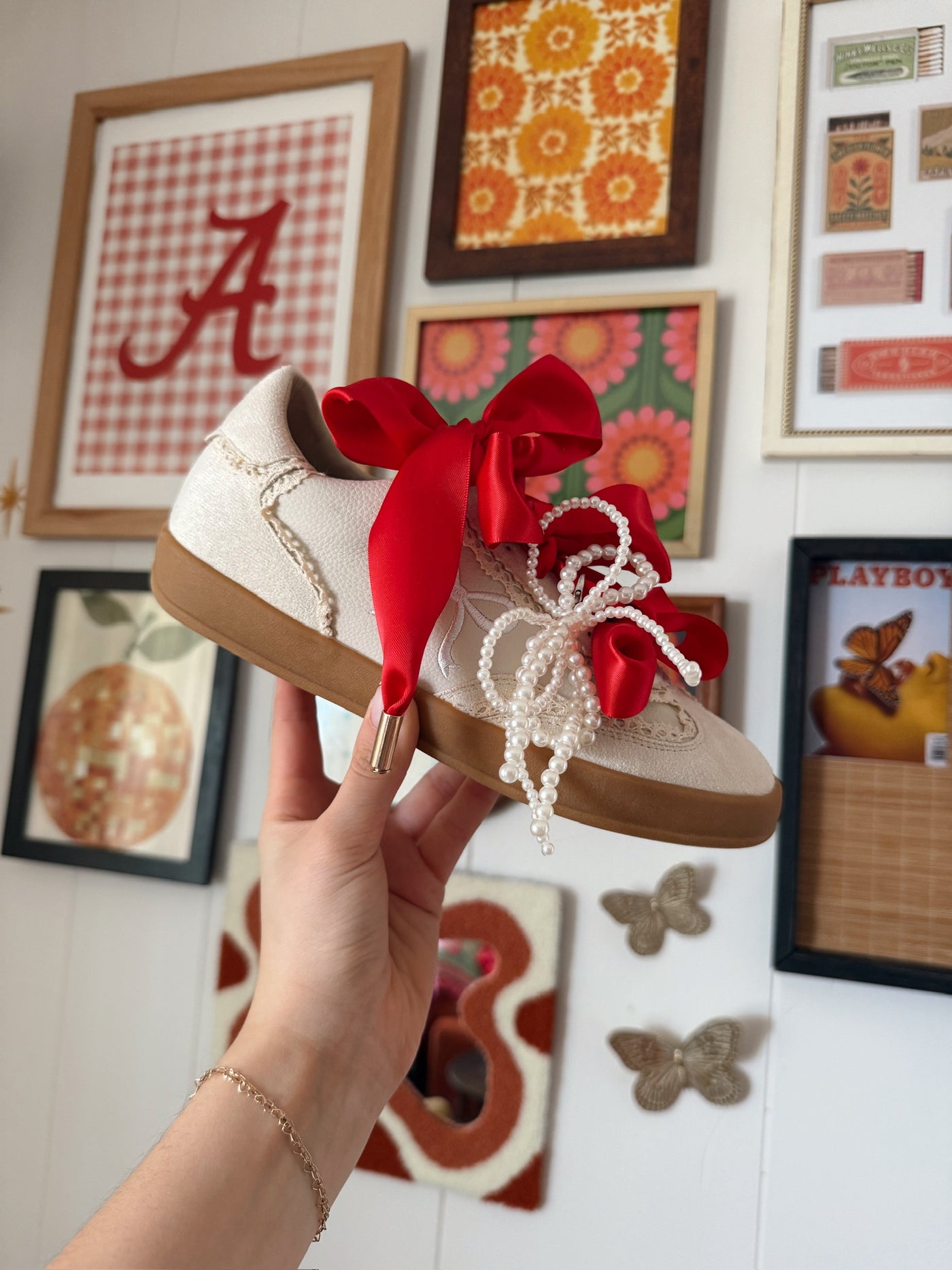 Crimson & White Triple Bow Sneakers-180 - SHOES-MIIM-[option4]-[option5]-[option6]-Leather & Lace Boutique Shop