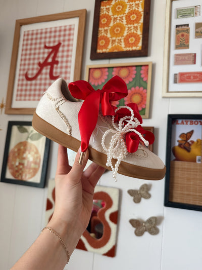Crimson & White Triple Bow Sneakers-180 - SHOES-MIIM-[option4]-[option5]-[option6]-Leather & Lace Boutique Shop