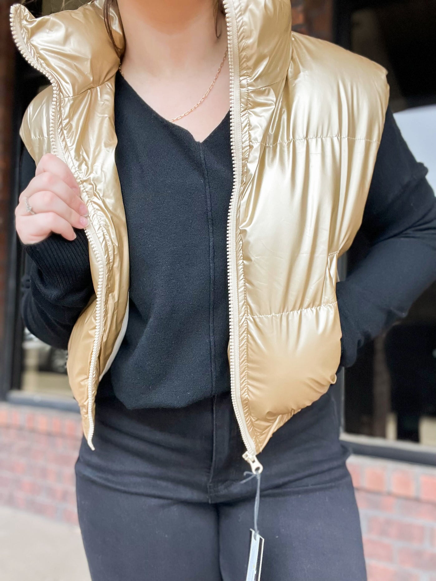 Metallic Croppd Puffer Vest- Gold-140 - TOPS - LAYERS/OUTERWEAR-ANWND-[option4]-[option5]-[option6]-Leather & Lace Boutique Shop