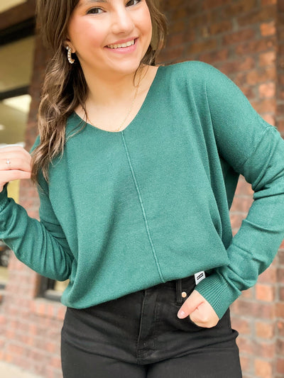 V Neck High Gauge Sweater- Hunter Green-110 - TOPS - LONG SLEEVE-TEA AND ROSE-[option4]-[option5]-[option6]-Leather & Lace Boutique Shop