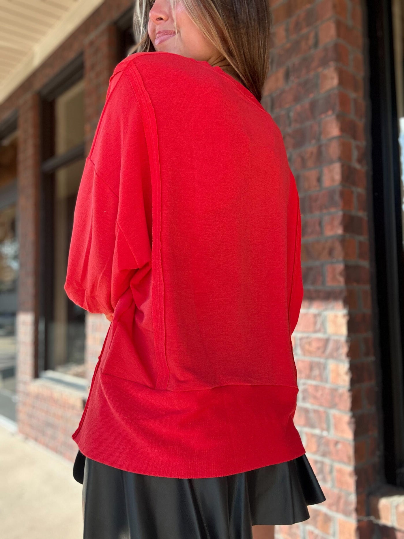 Simple & Sweet Split Hem Pullover- Red-130 - TOPS - SWEATERS/SWEATSHIRTS-CES FEMME-[option4]-[option5]-[option6]-Leather & Lace Boutique Shop