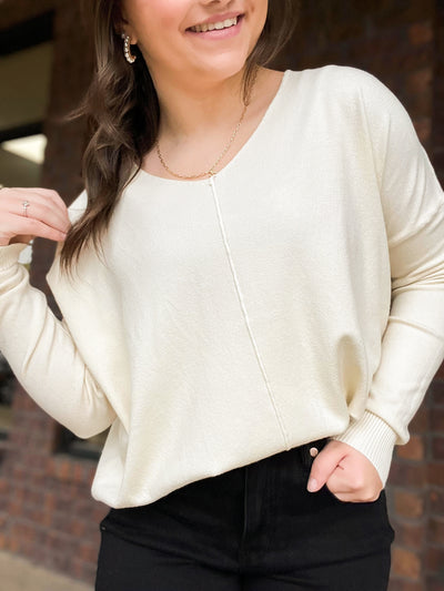 V Neck High Gauge Sweater- Cream-110 - TOPS - LONG SLEEVE-TEA AND ROSE-[option4]-[option5]-[option6]-Leather & Lace Boutique Shop