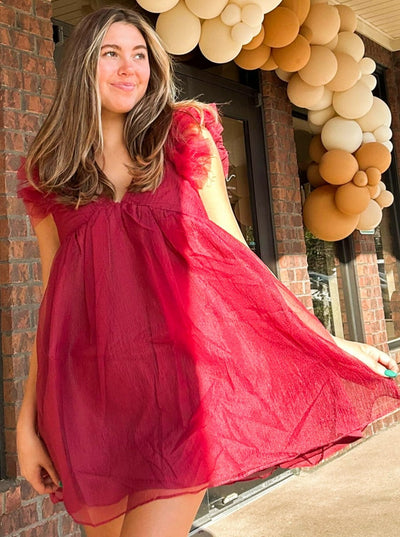 Ruffle Sleeve Tulle Dress- Merlot-170 - DRESSES / ROMPERS / SETS-MUSTARD SEED-[option4]-[option5]-[option6]-Leather & Lace Boutique Shop