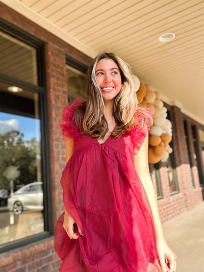 Ruffle Sleeve Tulle Dress- Merlot-170 - DRESSES / ROMPERS / SETS-MUSTARD SEED-[option4]-[option5]-[option6]-Leather & Lace Boutique Shop