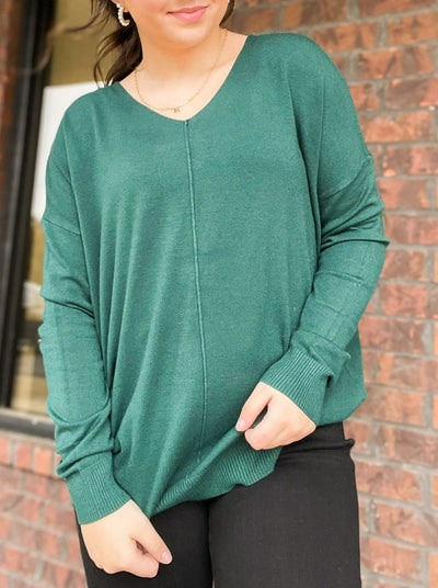 V Neck High Gauge Sweater- Hunter Green-110 - TOPS - LONG SLEEVE-TEA AND ROSE-[option4]-[option5]-[option6]-Leather & Lace Boutique Shop