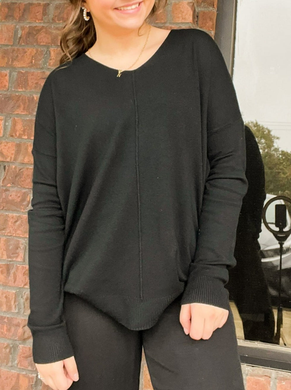 V Neck High Gauge Sweater- Black-110 - TOPS - LONG SLEEVE-TEA AND ROSE-[option4]-[option5]-[option6]-Leather & Lace Boutique Shop