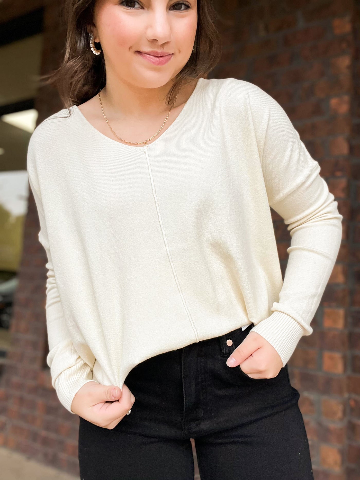 V Neck High Gauge Sweater- Cream-110 - TOPS - LONG SLEEVE-TEA AND ROSE-[option4]-[option5]-[option6]-Leather & Lace Boutique Shop