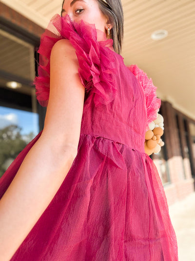 Ruffle Sleeve Tulle Dress- Merlot-170 - DRESSES / ROMPERS / SETS-MUSTARD SEED-[option4]-[option5]-[option6]-Leather & Lace Boutique Shop