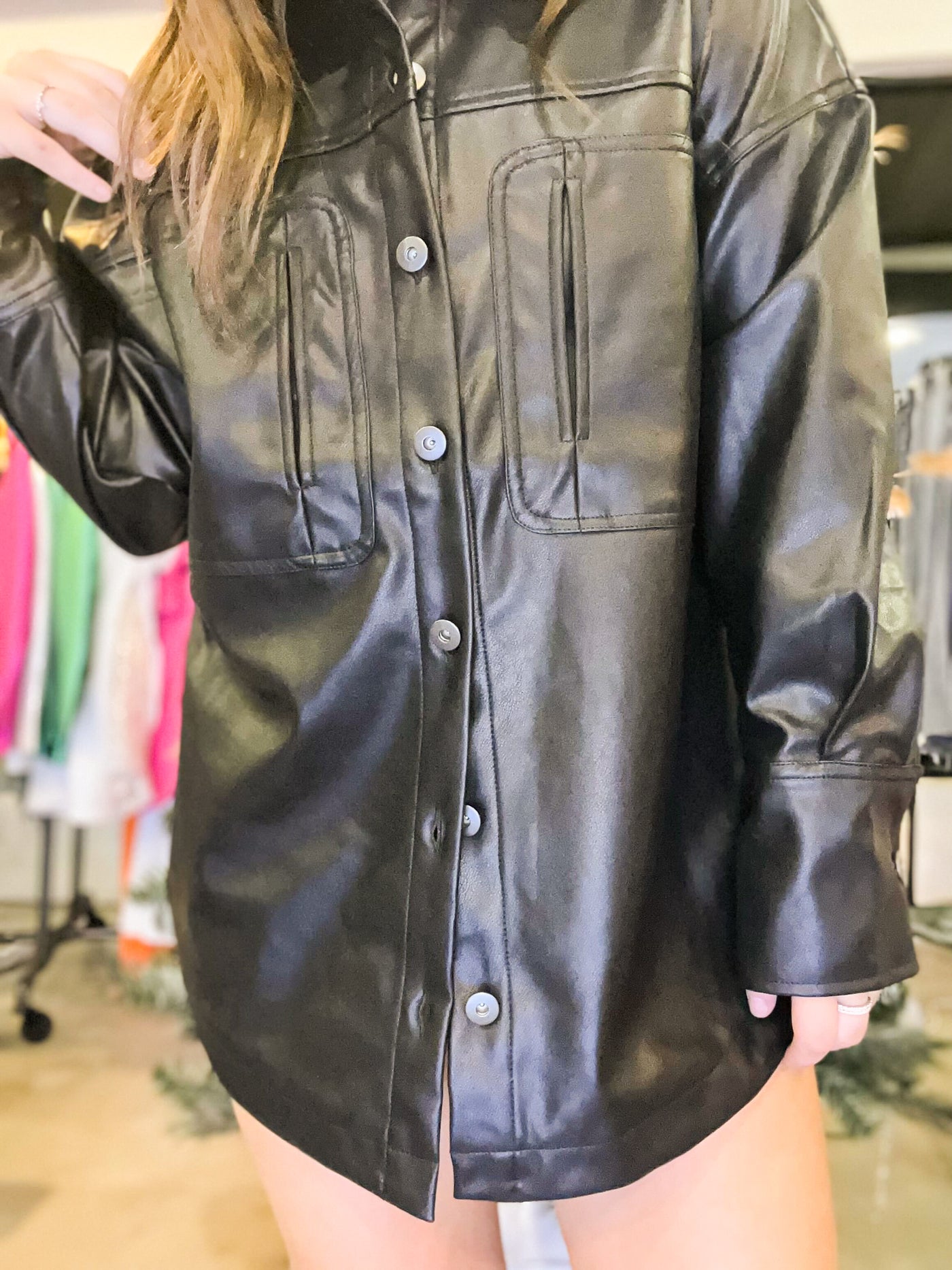 Just Stopping By Leather Shacket- Black-140 - TOPS - LAYERS/OUTERWEAR-VERY J-[option4]-[option5]-[option6]-Leather & Lace Boutique Shop