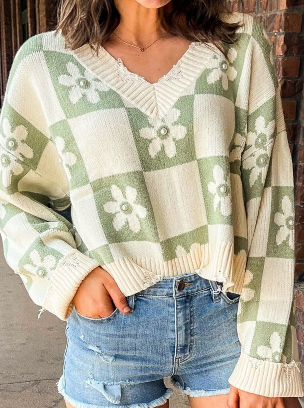 Sage Daisy Checkerboard Sweater-130 - TOPS - SWEATERS/SWEATSHIRTS-POL-[option4]-[option5]-[option6]-Leather & Lace Boutique Shop