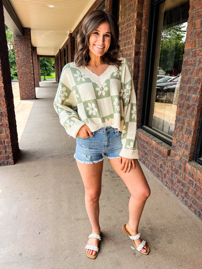 Sage Daisy Checkerboard Sweater-130 - TOPS - SWEATERS/SWEATSHIRTS-POL-[option4]-[option5]-[option6]-Leather & Lace Boutique Shop