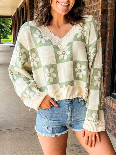 Sage Daisy Checkerboard Sweater-130 - TOPS - SWEATERS/SWEATSHIRTS-POL-[option4]-[option5]-[option6]-Leather & Lace Boutique Shop