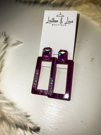 Bejeweled Rectangle Hoops-190 - ACCESSORIES - JEWELRY-LEATHER & LACE-Magenta-[option4]-[option5]-[option6]-Leather & Lace Boutique Shop