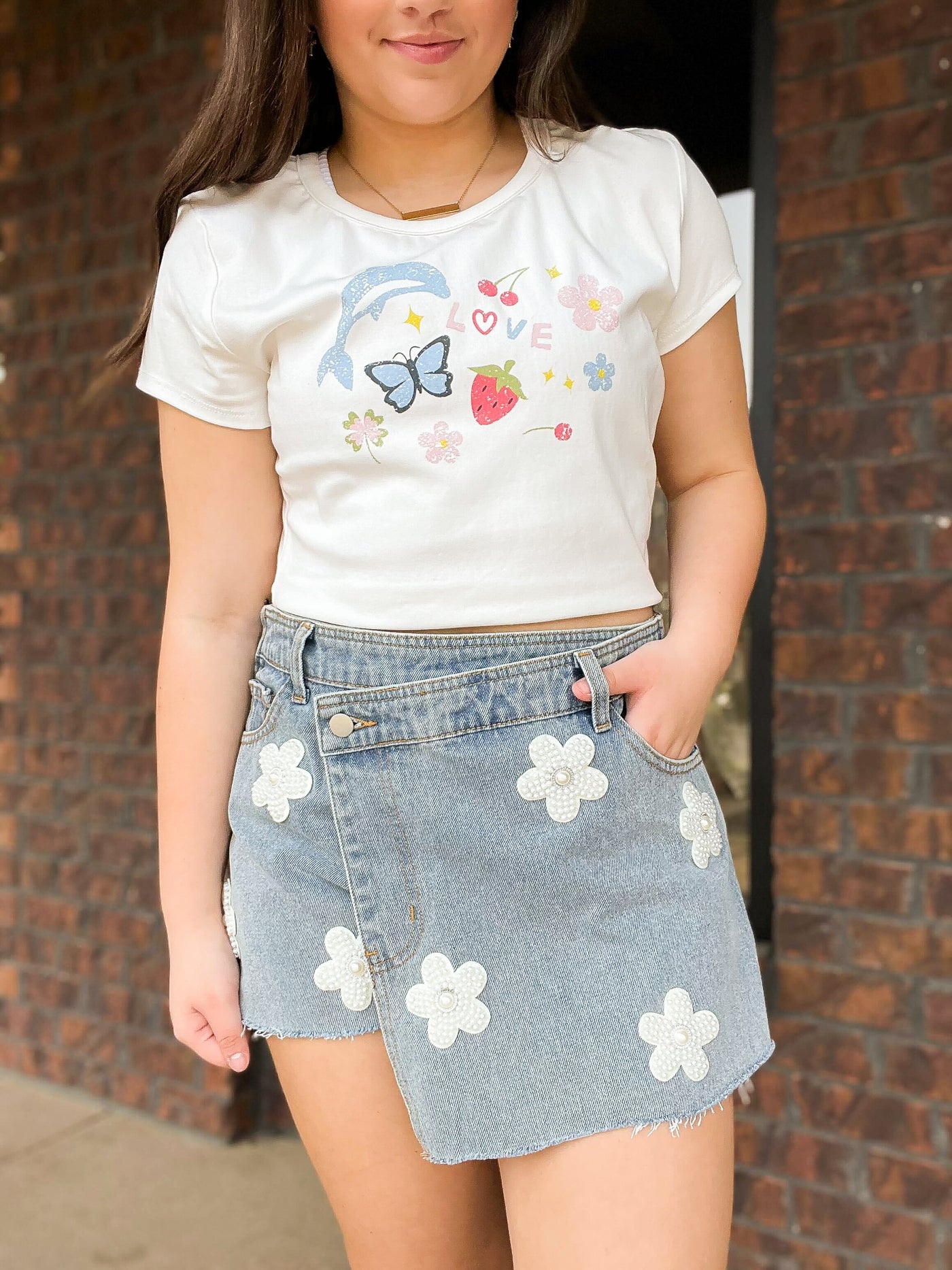 Daisies and Pearls Asymmetrical Denim Skort-150 - BOTTOMS - DENIM-POL-[option4]-[option5]-[option6]-Leather & Lace Boutique Shop