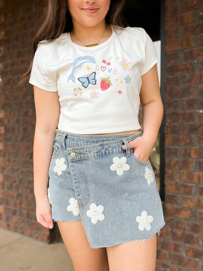 Daisies and Pearls Asymmetrical Denim Skort-150 - BOTTOMS - DENIM-POL-[option4]-[option5]-[option6]-Leather & Lace Boutique Shop