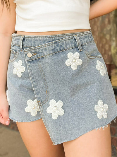 Daisies and Pearls Asymmetrical Denim Skort-150 - BOTTOMS - DENIM-POL-[option4]-[option5]-[option6]-Leather & Lace Boutique Shop