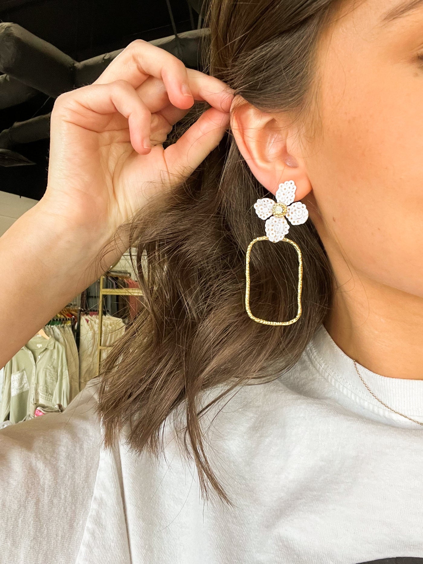 Rectangle Sequin Flower Hoops- White-190 - ACCESSORIES - JEWELRY-TAYLOR SHAYE-[option4]-[option5]-[option6]-Leather & Lace Boutique Shop