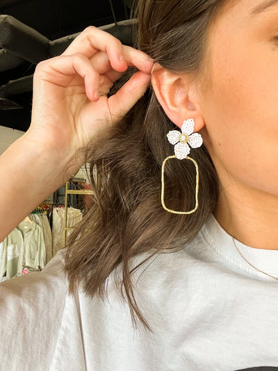 Rectangle Sequin Flower Hoops- White-190 - ACCESSORIES - JEWELRY-TAYLOR SHAYE-[option4]-[option5]-[option6]-Leather & Lace Boutique Shop