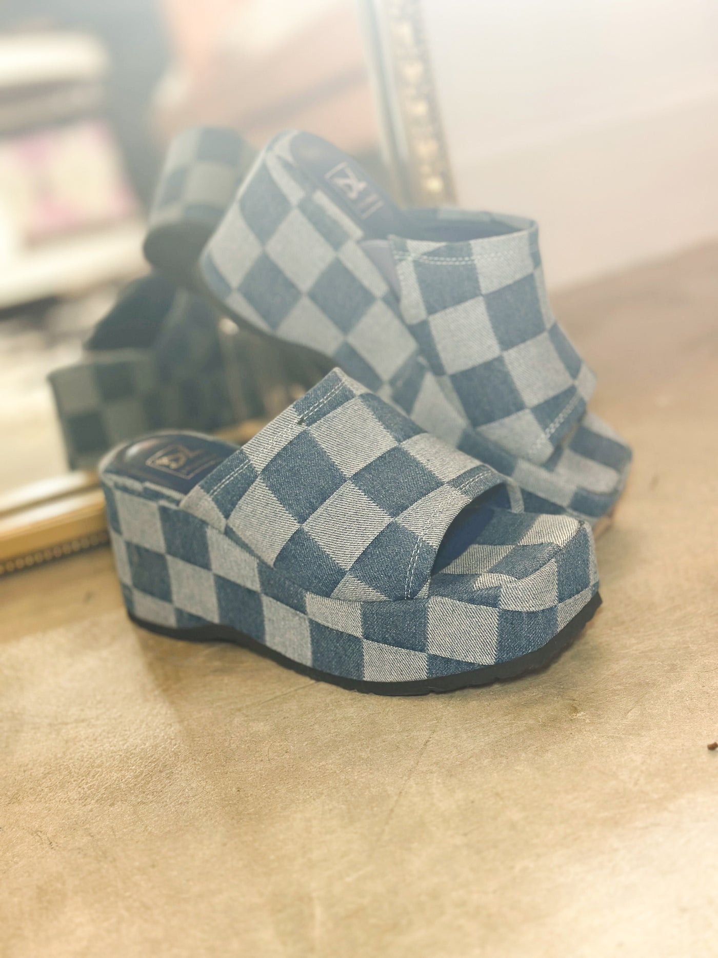 Chinese Laundry Denim Check Wedges-180 - SHOES-CHINESE LAUNDRY-[option4]-[option5]-[option6]-Leather & Lace Boutique Shop