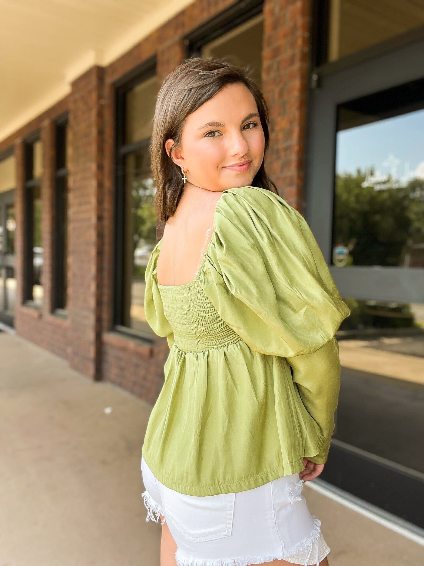 Olive Ruched Cropped Long Sleeve Top-100 - TOPS - SHORT SLEEVE/SLEEVELESS-&MERCI-[option4]-[option5]-[option6]-Leather & Lace Boutique Shop