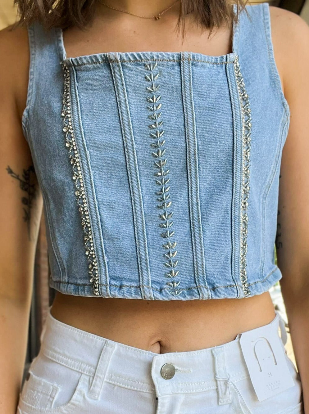 Blue Jean Baby Denim Crop Top-100 - TOPS - SHORT SLEEVE/SLEEVELESS-POL-[option4]-[option5]-[option6]-Leather & Lace Boutique Shop