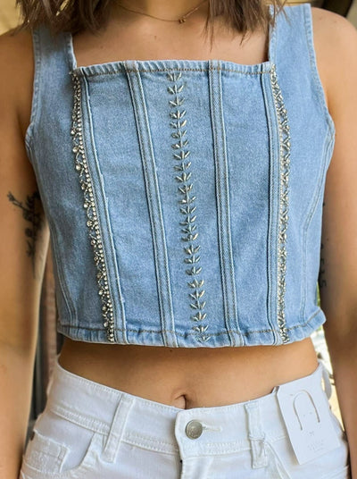 Blue Jean Baby Denim Crop Top-100 - TOPS - SHORT SLEEVE/SLEEVELESS-POL-[option4]-[option5]-[option6]-Leather & Lace Boutique Shop