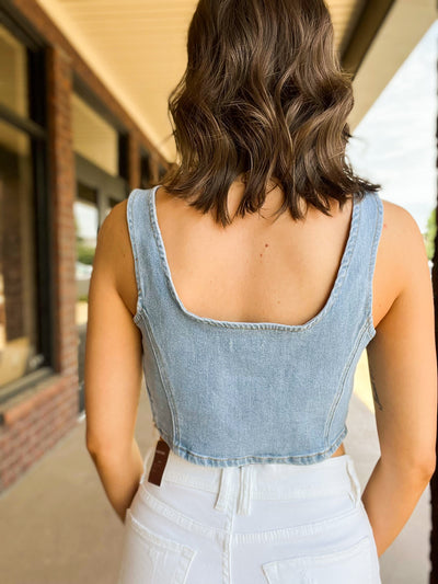 Blue Jean Baby Denim Crop Top-100 - TOPS - SHORT SLEEVE/SLEEVELESS-POL-[option4]-[option5]-[option6]-Leather & Lace Boutique Shop