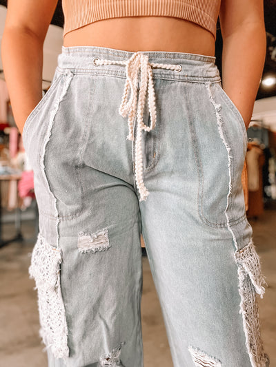Lace Denim Lightweight Joggers-150 - BOTTOMS - DENIM-POL-[option4]-[option5]-[option6]-Leather & Lace Boutique Shop