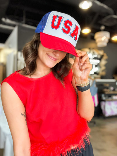 USA Trucker Hat-190 - ACCESSORIES - HATS/HEADWEAR-BABE-Red/White/Navy-[option4]-[option5]-[option6]-Leather & Lace Boutique Shop