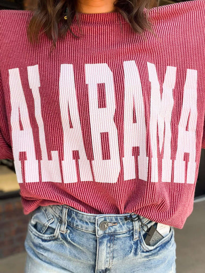 Alabama Varsity Corded Sweatshirt- Crimson-130 - TOPS - SWEATERS/SWEATSHIRTS-BUCKETLIST-[option4]-[option5]-[option6]-Leather & Lace Boutique Shop