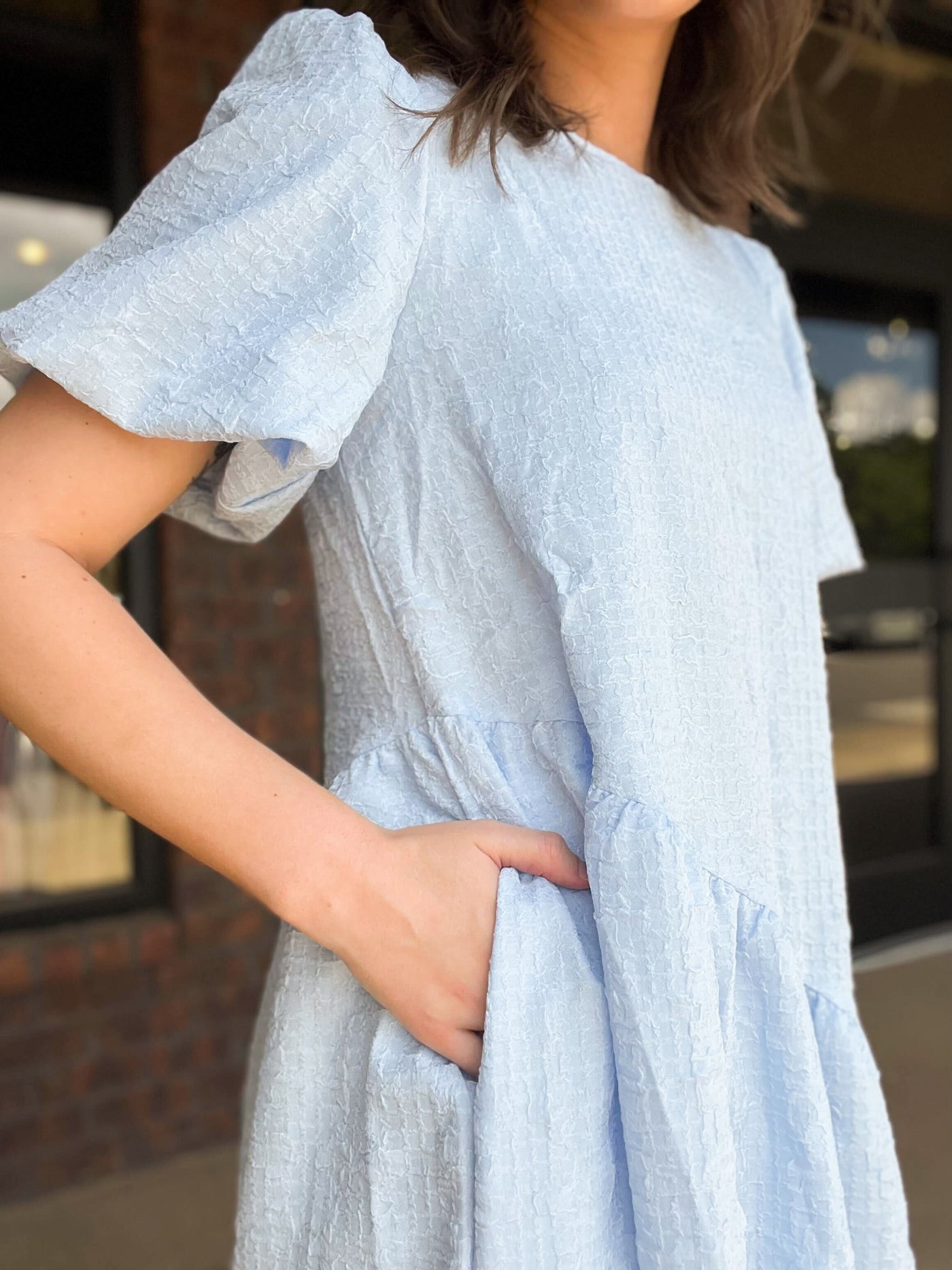 Textured Puff Sleeve Asymmetric Hem Dress-170 - DRESSES / ROMPERS / SETS-HAYDEN LOS ANGELES-[option4]-[option5]-[option6]-Leather & Lace Boutique Shop