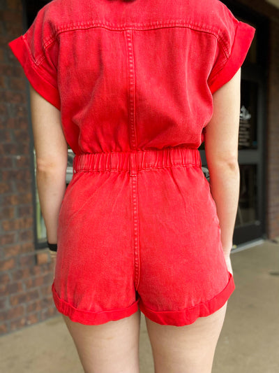 Ally Distressed Denim Romper- Washed Red-170 - DRESSES / ROMPERS / SETS-DAY + MOON-[option4]-[option5]-[option6]-Leather & Lace Boutique Shop