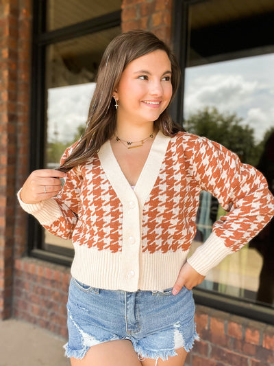 Camel Houndstooth Long Sleeve Sweater-140 - TOPS - LAYERS/OUTERWEAR-&MERCI-[option4]-[option5]-[option6]-Leather & Lace Boutique Shop