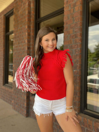 Alex Sleeveless Fringe Shoulder Sweater- Red-140 - TOPS - LAYERS/OUTERWEAR-&MERCI-[option4]-[option5]-[option6]-Leather & Lace Boutique Shop
