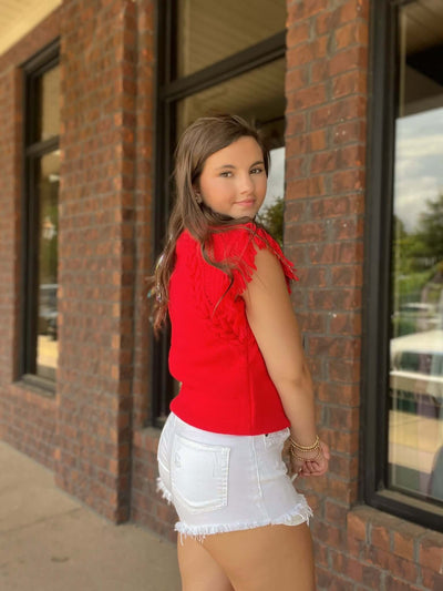 Alex Sleeveless Fringe Shoulder Sweater- Red-140 - TOPS - LAYERS/OUTERWEAR-&MERCI-[option4]-[option5]-[option6]-Leather & Lace Boutique Shop