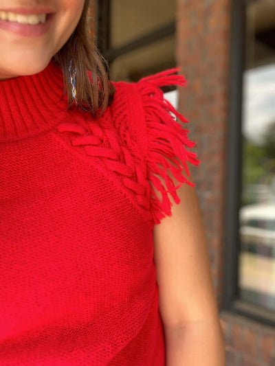 Alex Sleeveless Fringe Shoulder Sweater- Red-140 - TOPS - LAYERS/OUTERWEAR-&MERCI-[option4]-[option5]-[option6]-Leather & Lace Boutique Shop