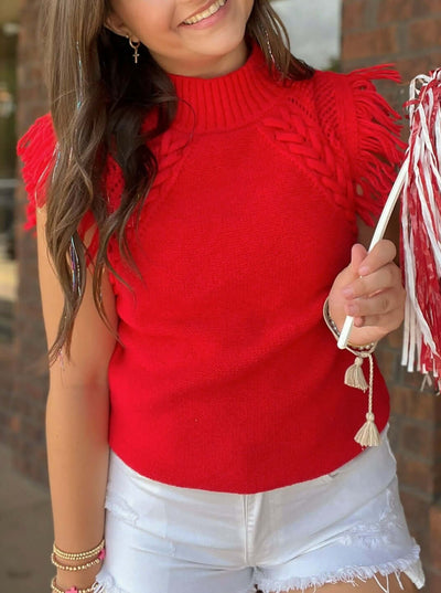 Alex Sleeveless Fringe Shoulder Sweater- Red-140 - TOPS - LAYERS/OUTERWEAR-&MERCI-[option4]-[option5]-[option6]-Leather & Lace Boutique Shop